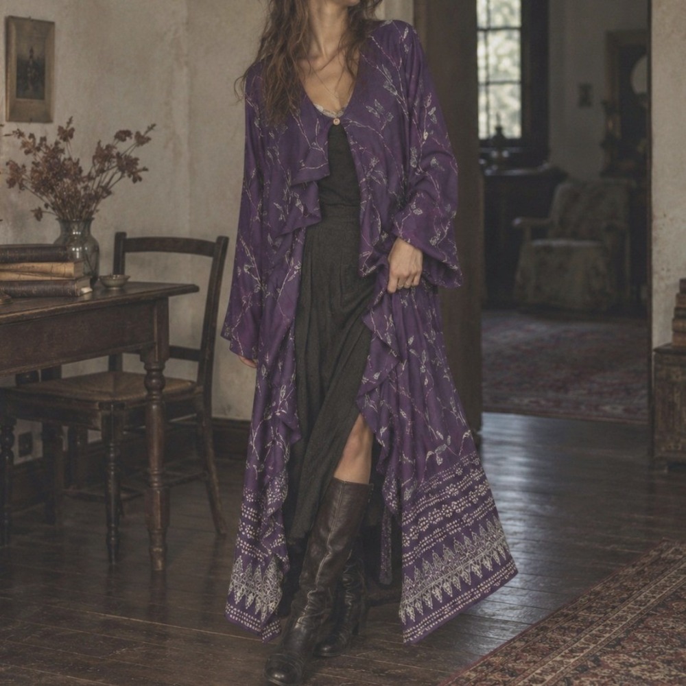 Vintage 90s Duster Kimono Cardigan Ruffle Leaf Print M Purple Boho Fall Whimsy